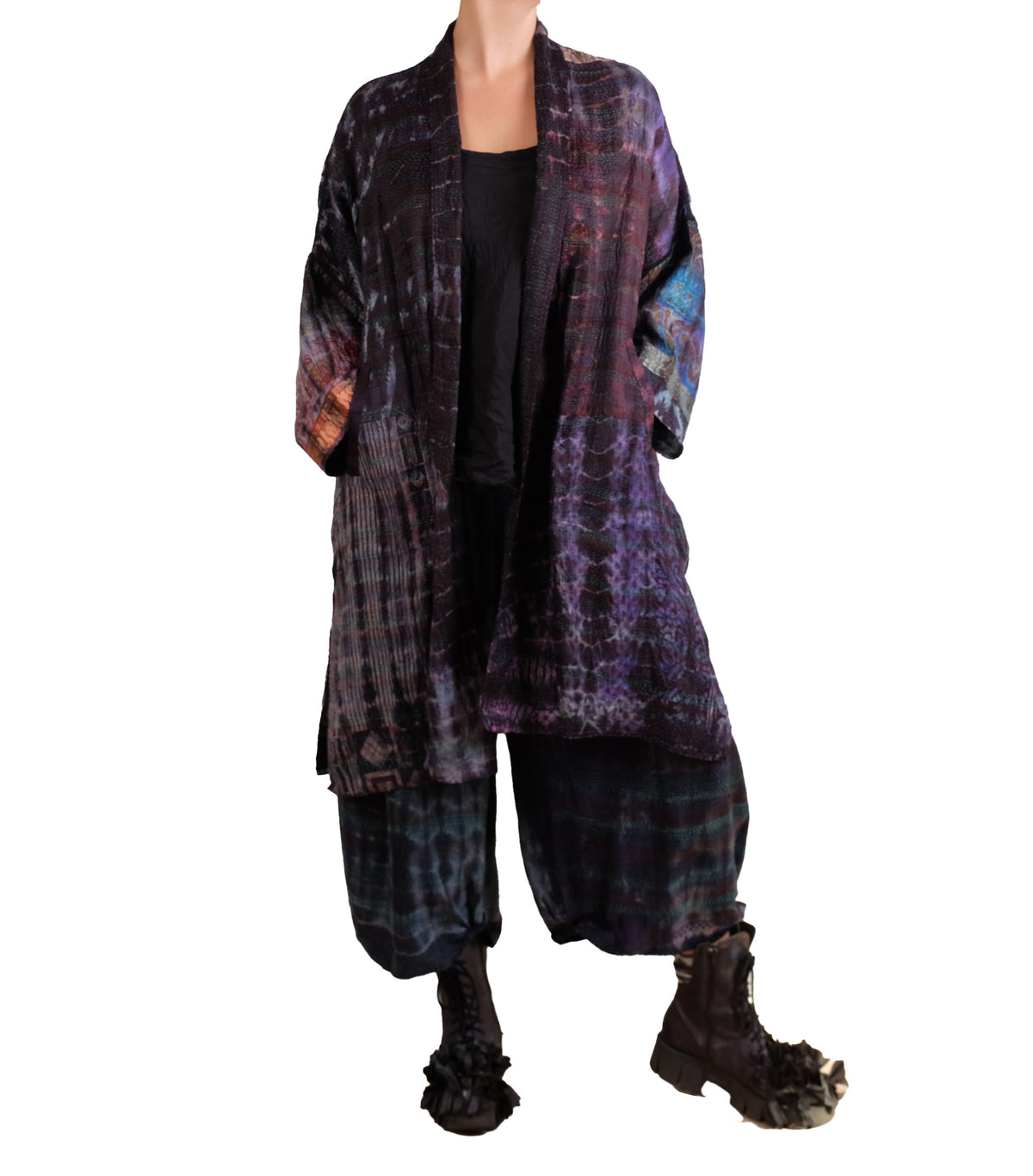 Mieko Mintz Tie Dye Vintage Silk Kantha New Kimono Long Wrap in Black