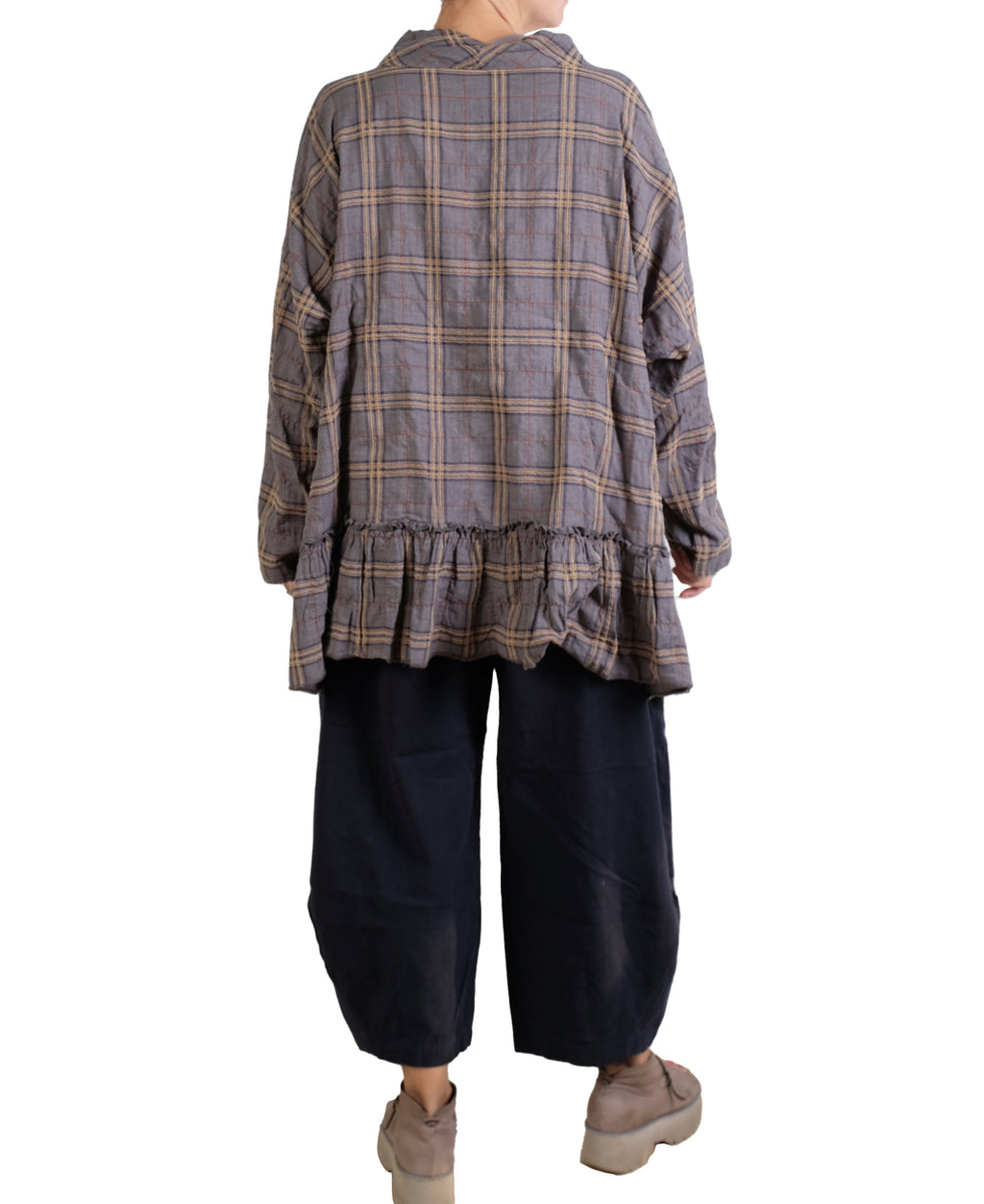 Dress To Kill Denim Mustard Plaid Ruffle Bottom Mock Pullover