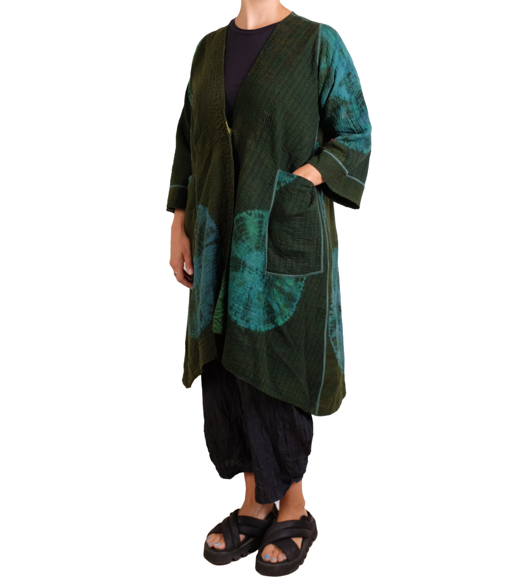 Mieko Mintz Cotton Silk Patch Kantha Wrap Flare Coat