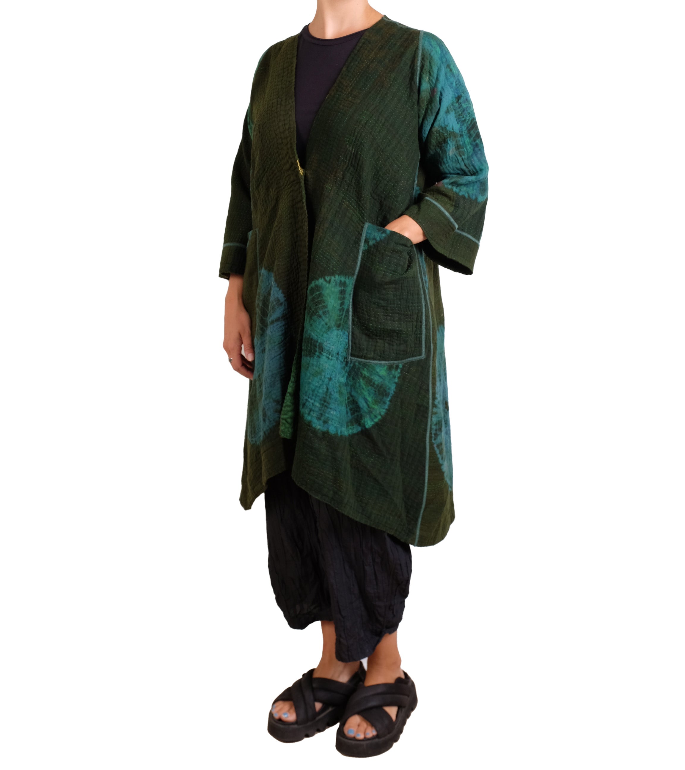 Mieko Mintz Cotton Silk Patch Kantha Wrap Flare Coat