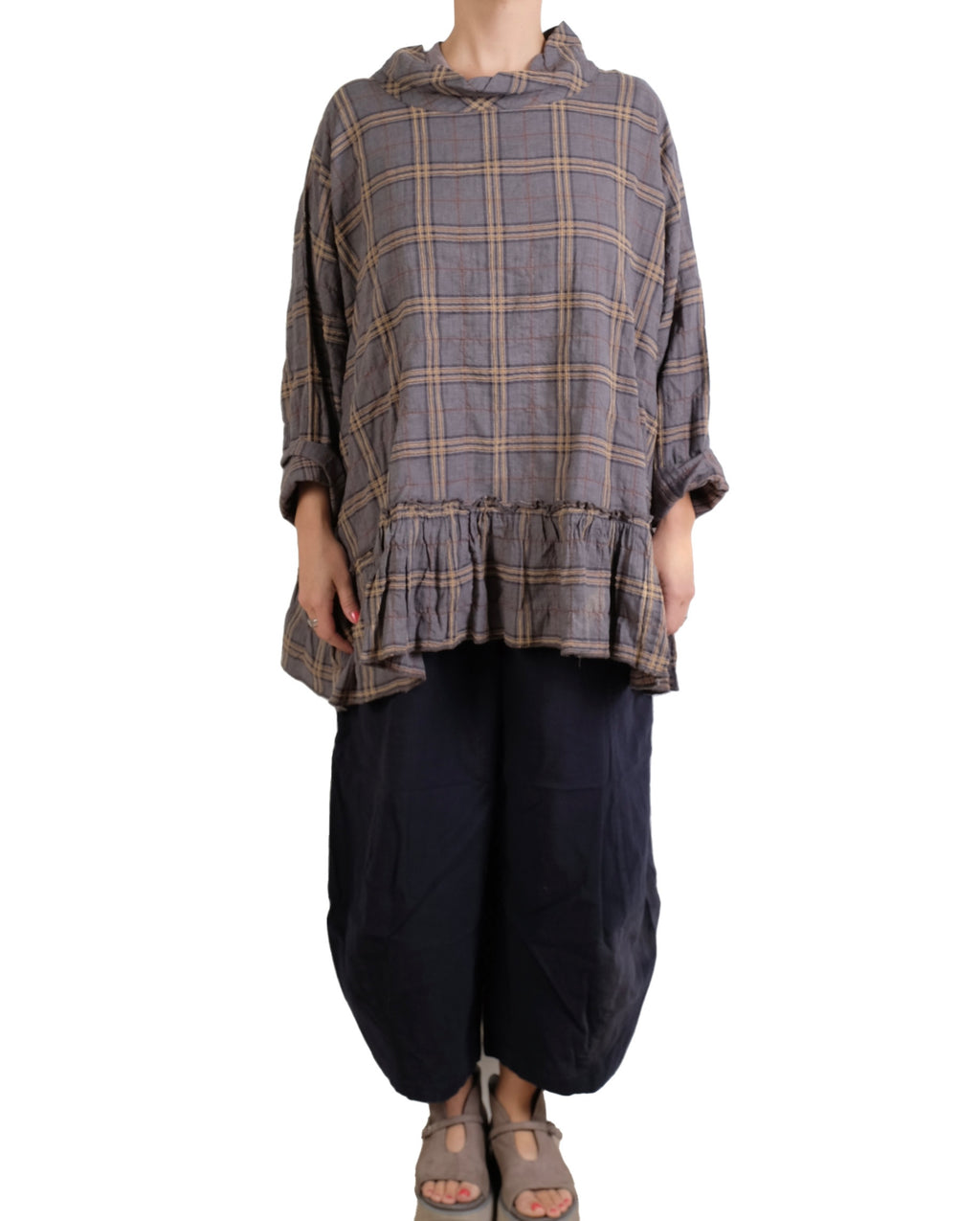 Dress To Kill Denim Mustard Plaid Ruffle Bottom Mock Pullover