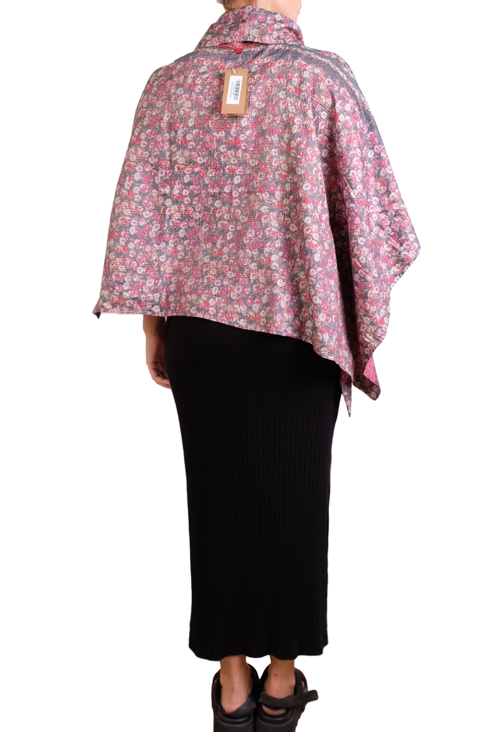 Vintage Silk Kantha Cowl Neck Long Cape in Pinks