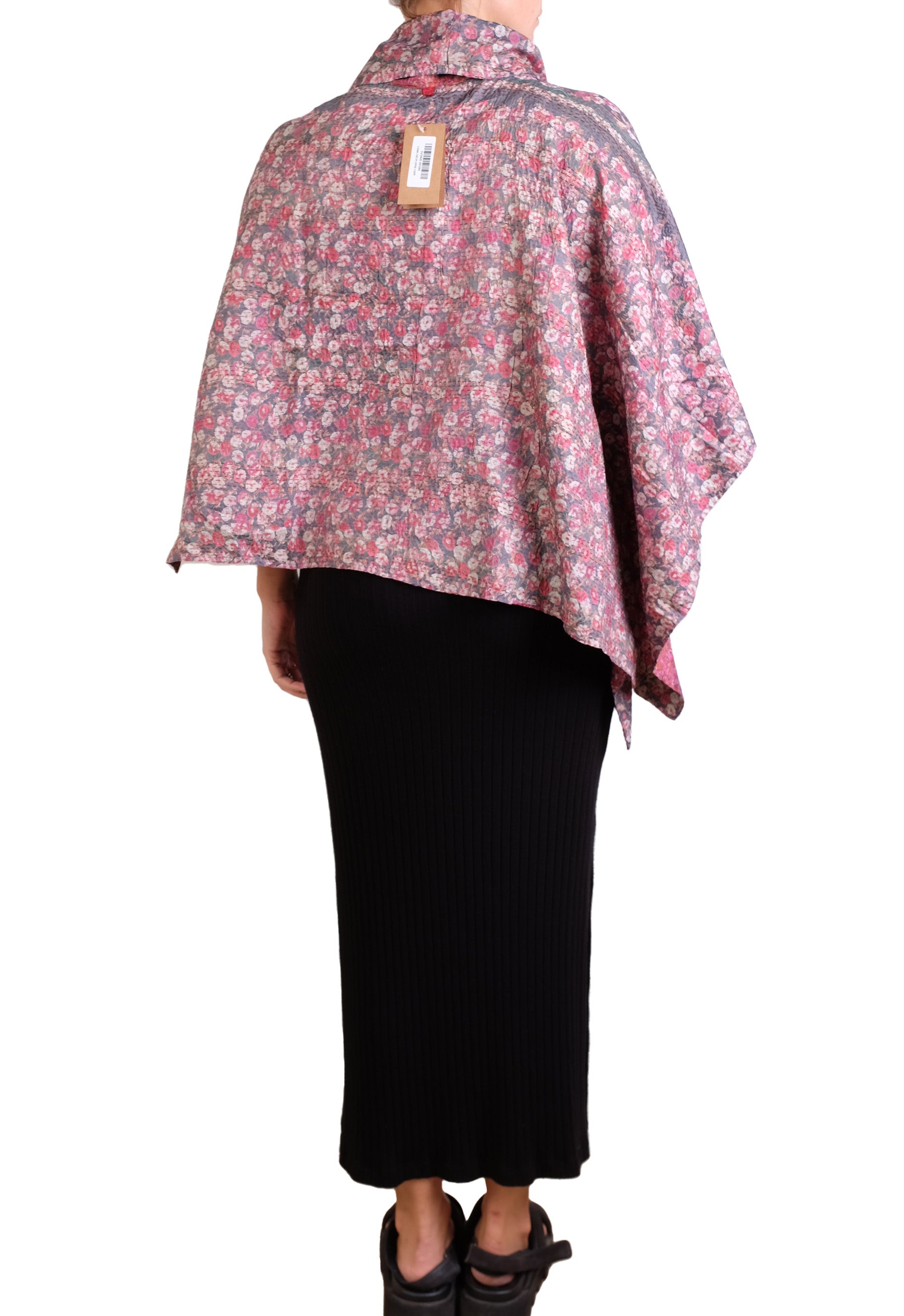 Vintage Silk Kantha Cowl Neck Long Cape in Pinks