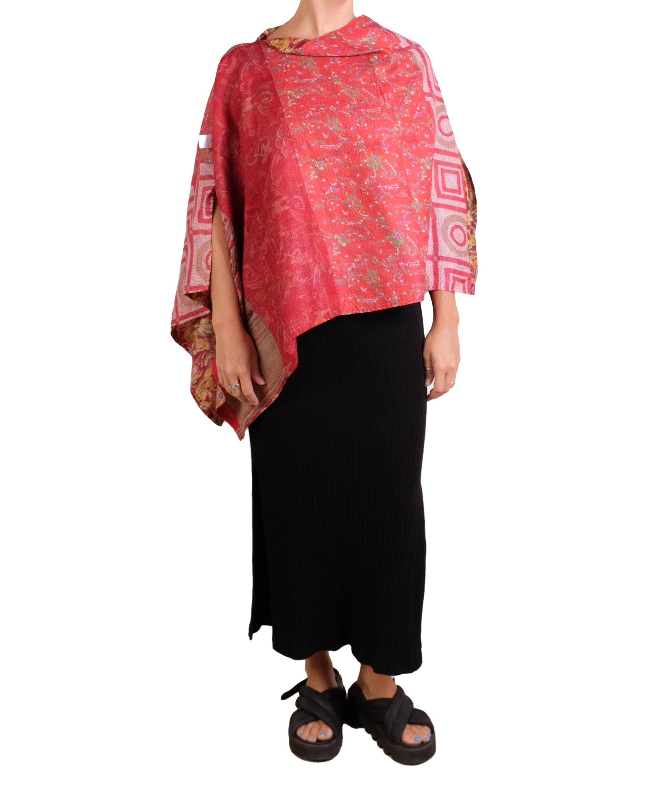 Vintage Silk Kantha Long Cape in Reds