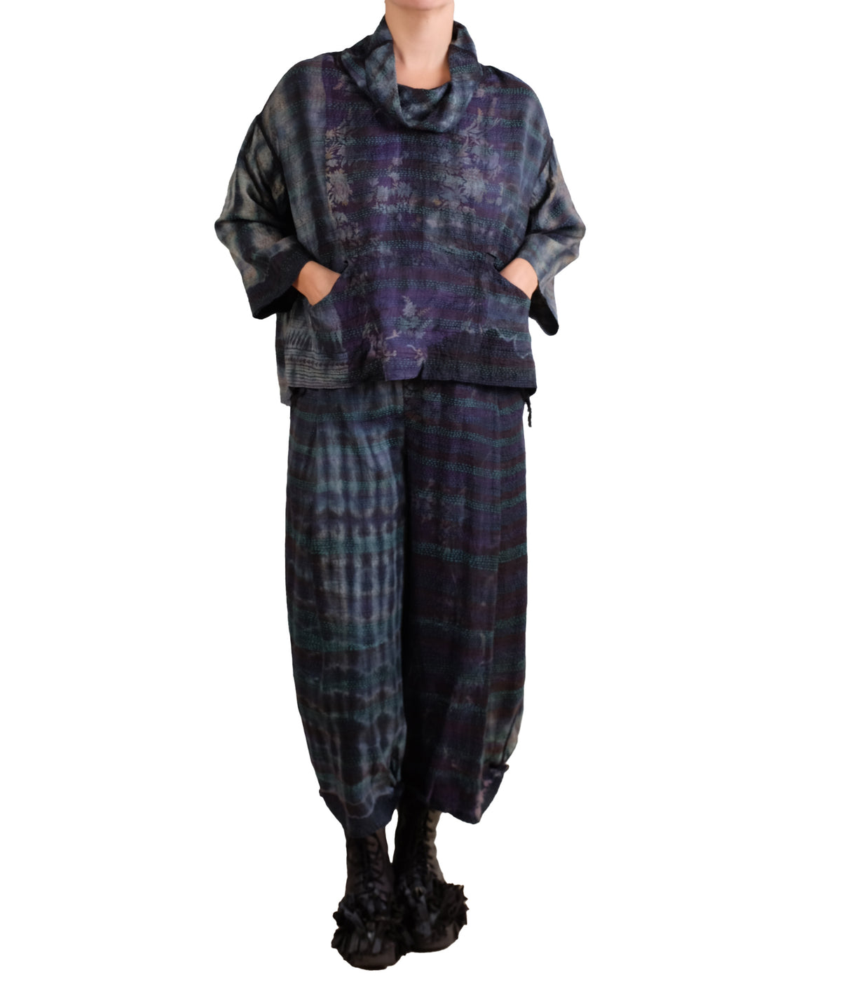 Mieko Mintz Tie Dye Vintage Silk Kantha Cowl Pullover in Black
