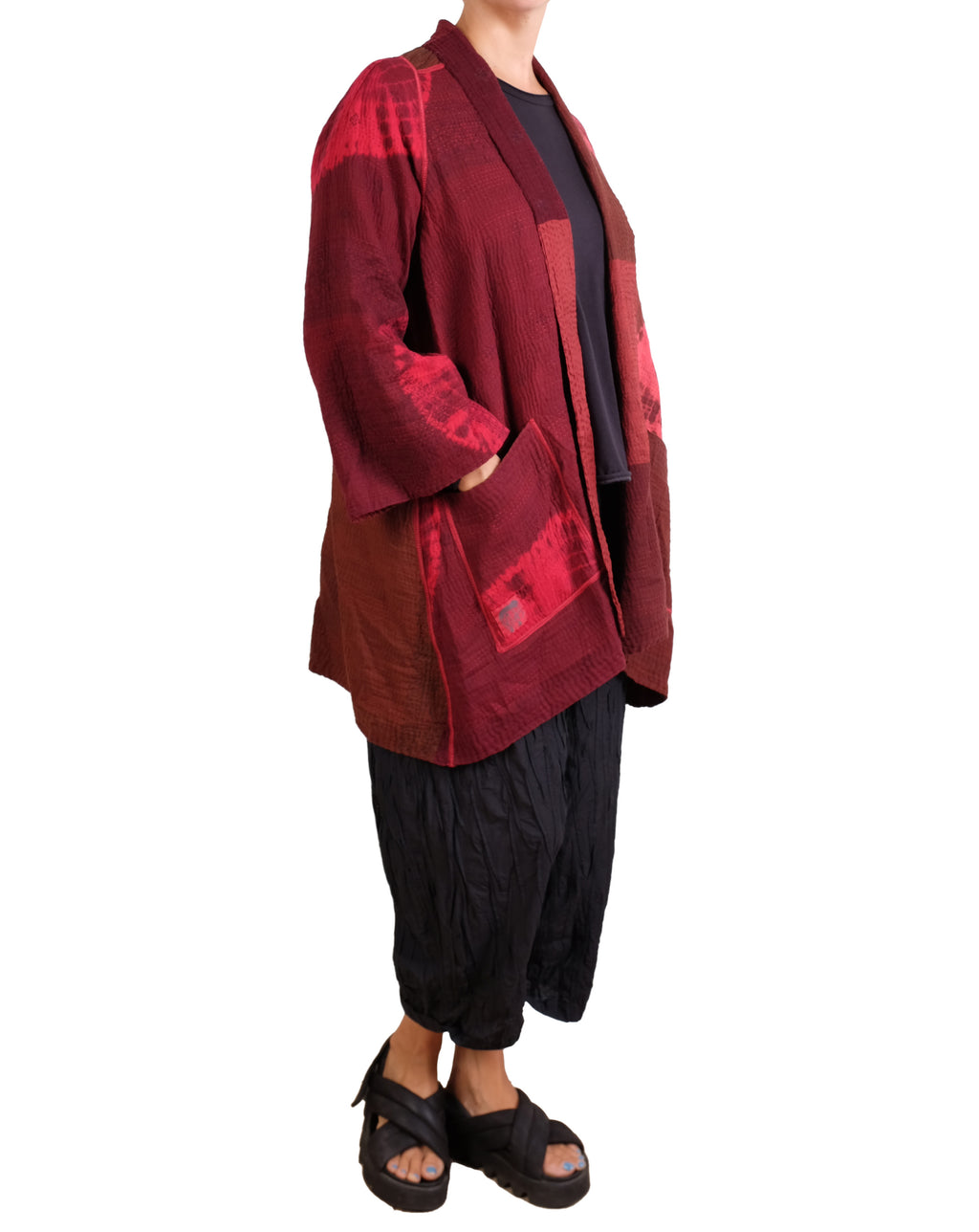 Mieko Mintz Circle Shibori Tie Dye Woven Patch Kantha A-line Jacket