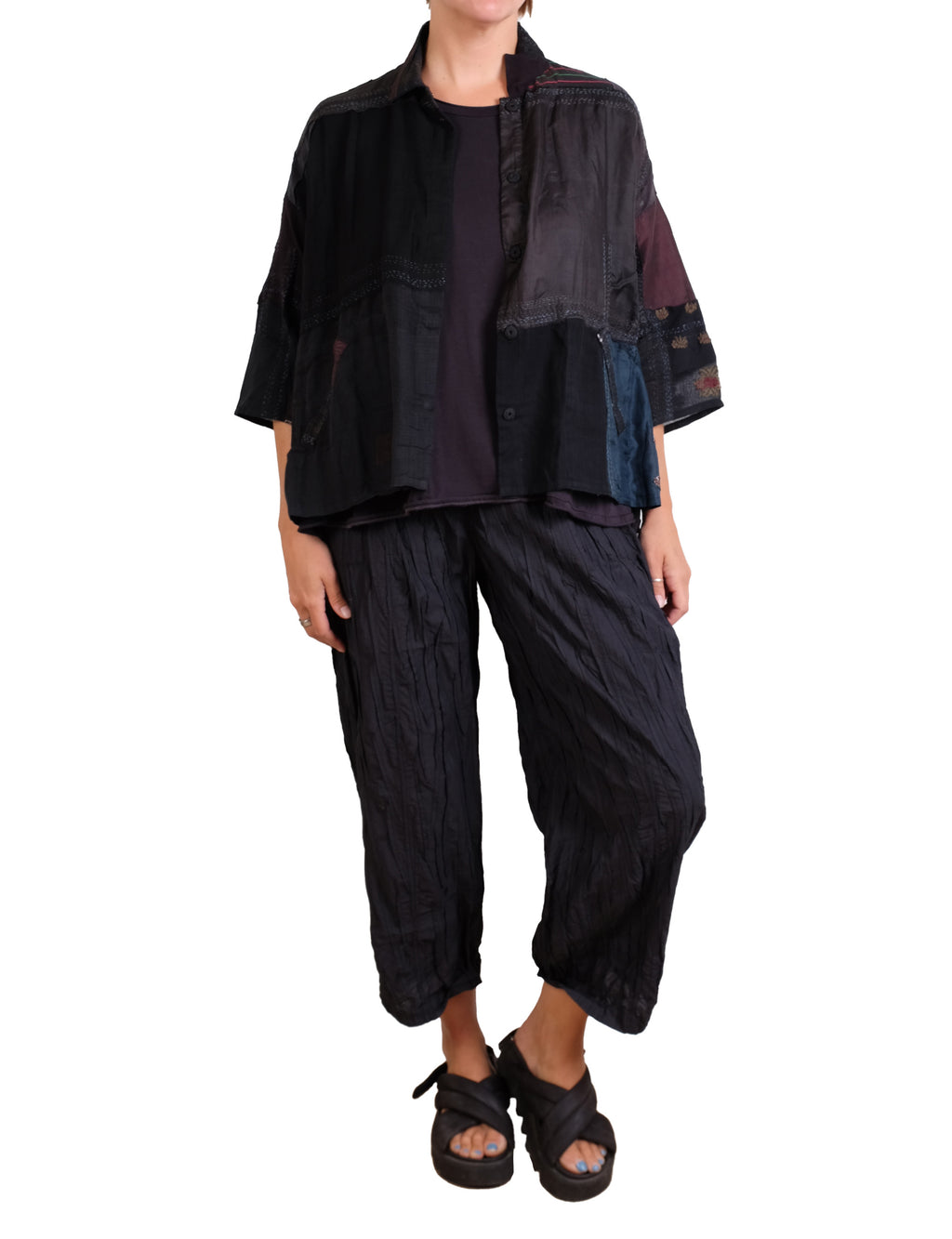Mieko Mintz Mosaic Tile Patch Kantha Cropped Tent Shirt