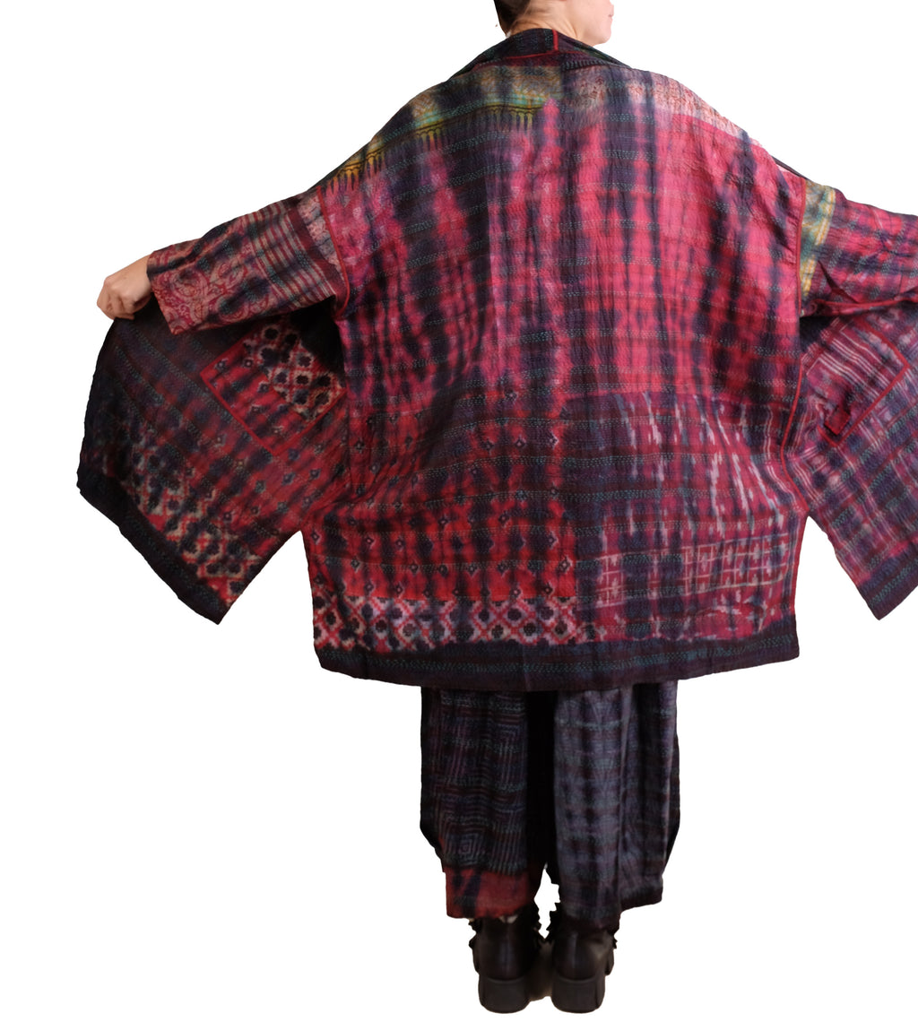 Mieko Mintz Tie Dye Vintage Silk Kantha New Kimono Long Wrap in Maroon