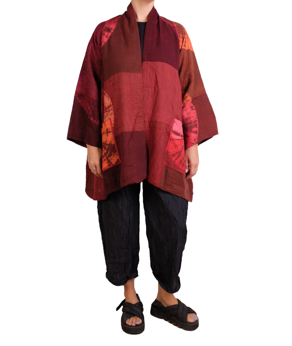 Mieko Mintz Circle Shibori Tie Dye Woven Patch Kantha A-line Jacket