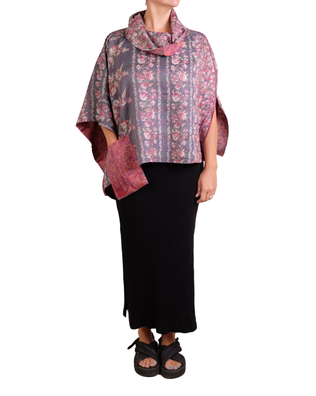 Vintage Silk Kantha Cowl Neck Long Cape in Pinks