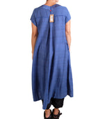 Mieko Mintz Cloud Tie Dye Floral Kantha V-neck French Sleeve Dress in Blue
