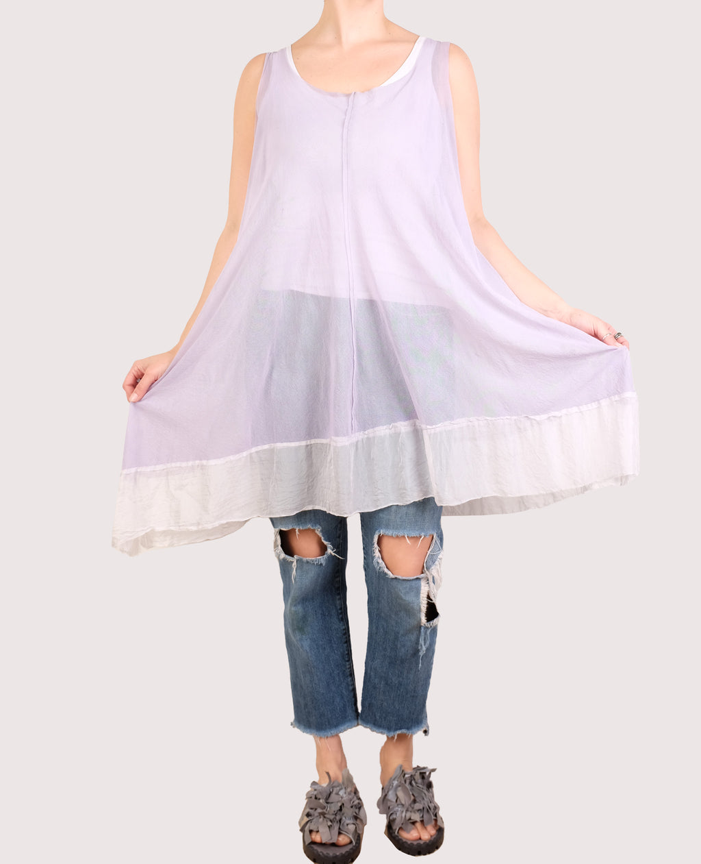 Robin Kaplan Trapeze Tunic with Silk Chiffon Border in Lavender
