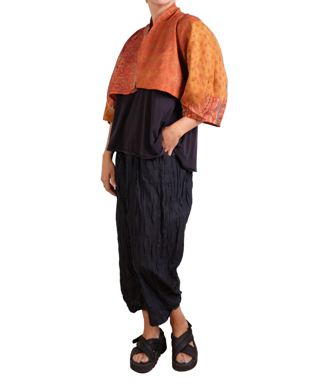 Mieko Mintz Vintage Silk Kantha Puff Sleeve Shrug in Oranges