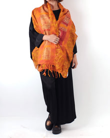  Orange Felt and Saree Silk Shawl with Flowers