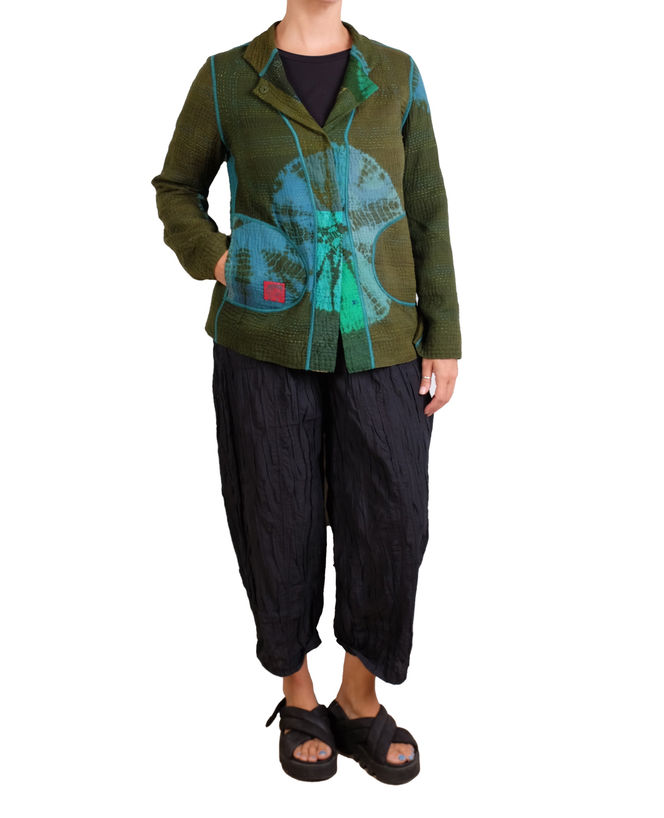 Mieko Mintz Olive Shibori Tie Dye Cotton Silk Patch Kantha Simple Jacket