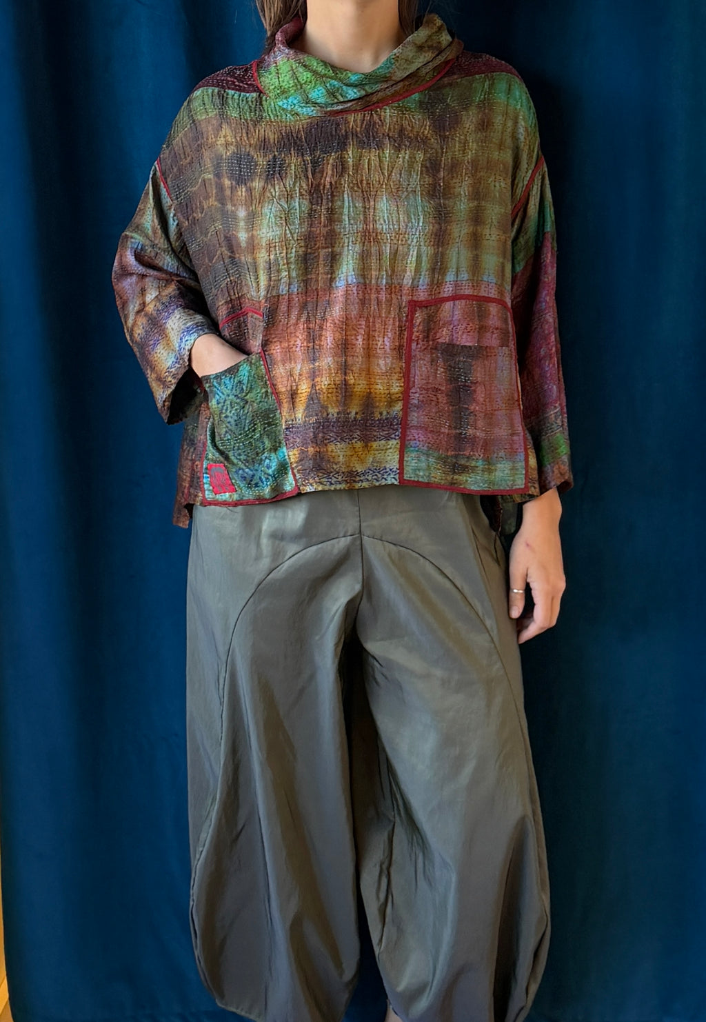 Mieko Mintz Tie Dye Vintage Silk Kantha Cowl Pullover in Brown