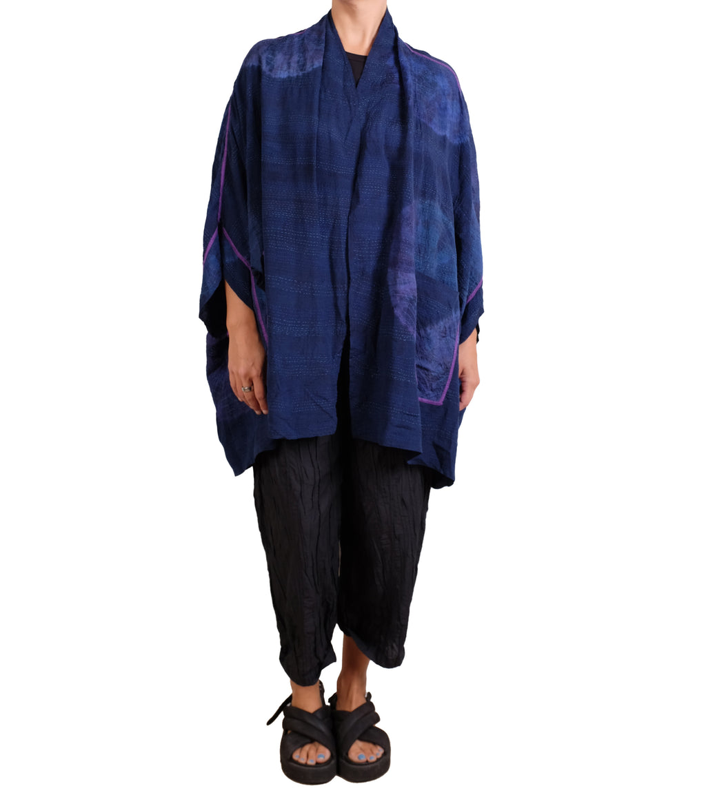 Mieko Mintz Navy Shibori Tie Dye Georgette Vintage Silk Patch Kantha Double Collar Poncho