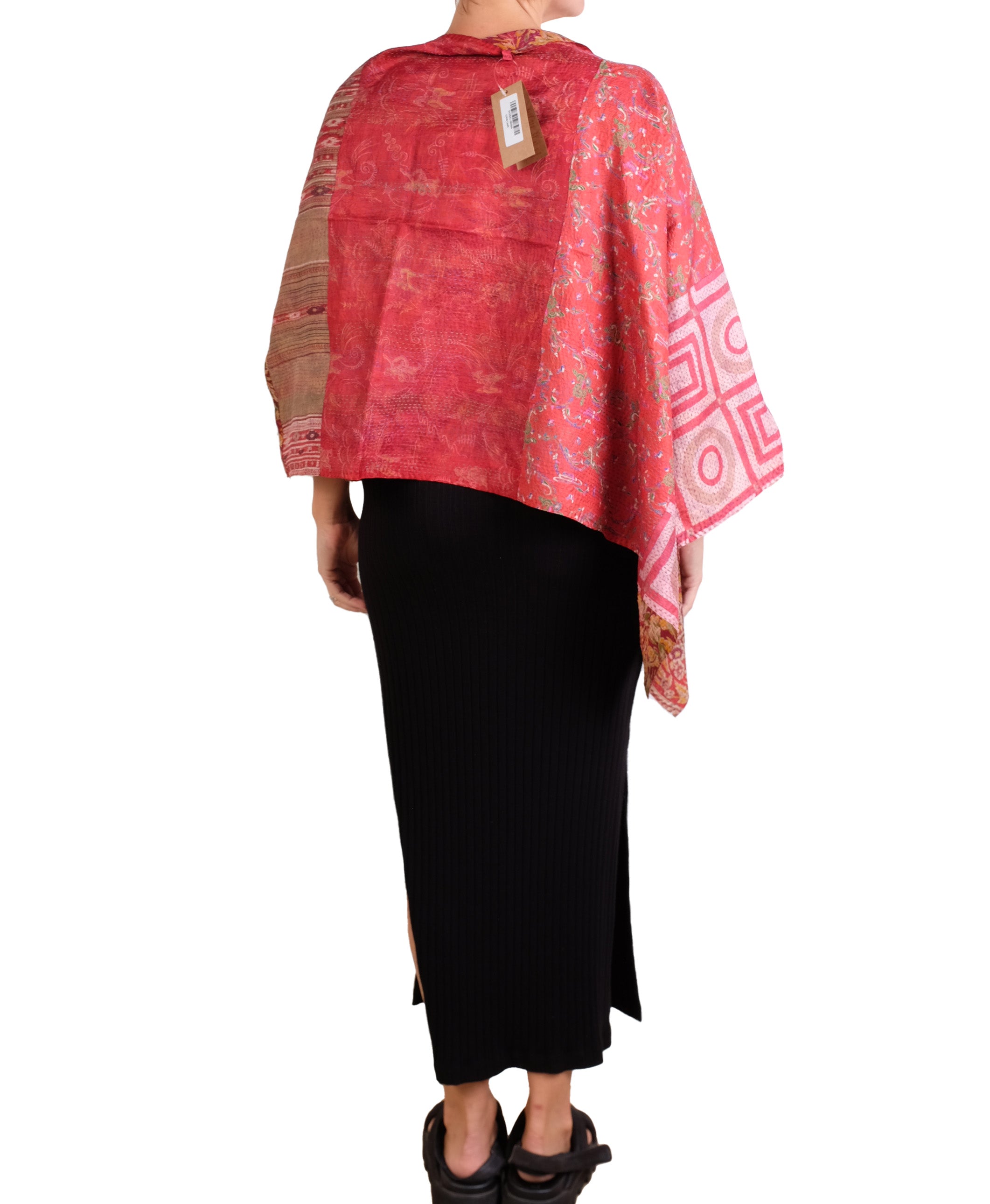 Vintage Silk Kantha Long Cape in Reds