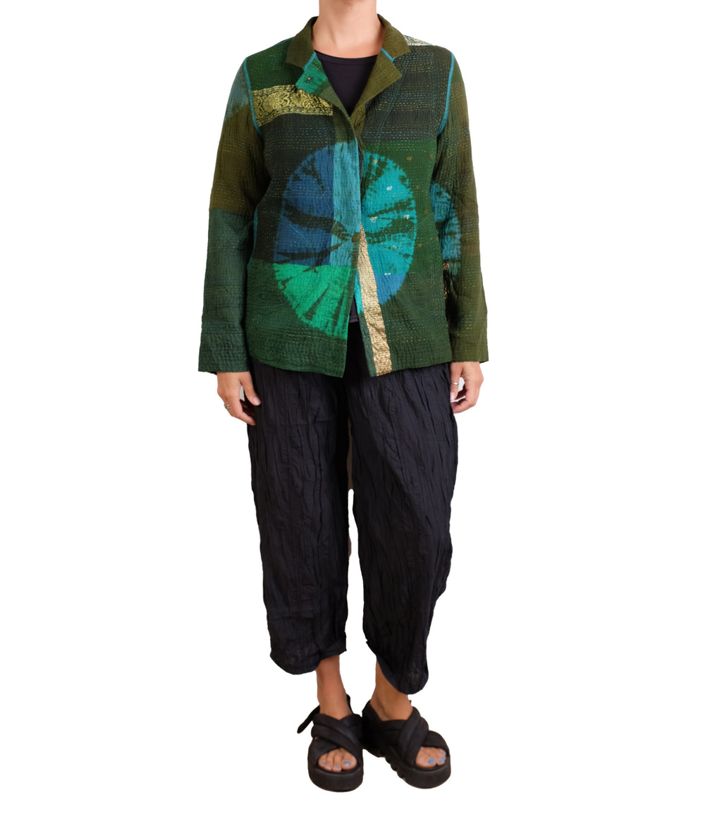 Mieko Mintz Olive Shibori Tie Dye Cotton Silk Patch Kantha Simple Jacket