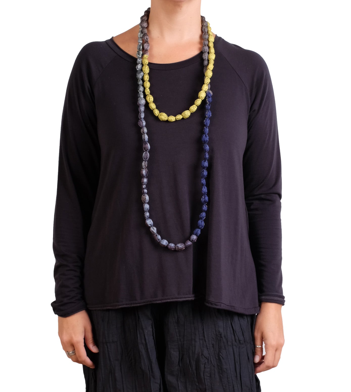 Mieko Mintz Vintage Silk Kantha Tie-beads Long Necklace Blue/Lime/Gray