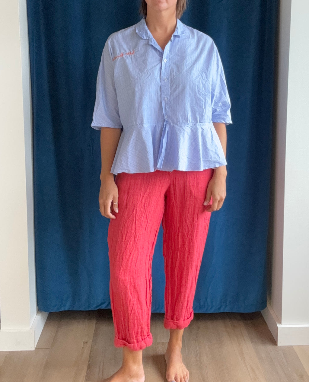 Paper Temples Flounce Top in Blue Stripe/Embroider