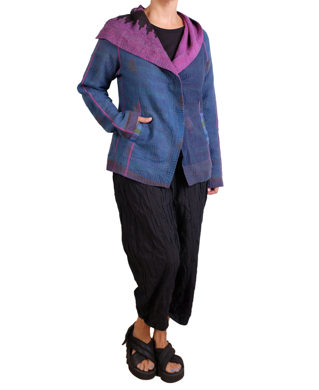 Mieko Mintz Navy & Purple Cotton Overdye Kantha Hoodie Jacket