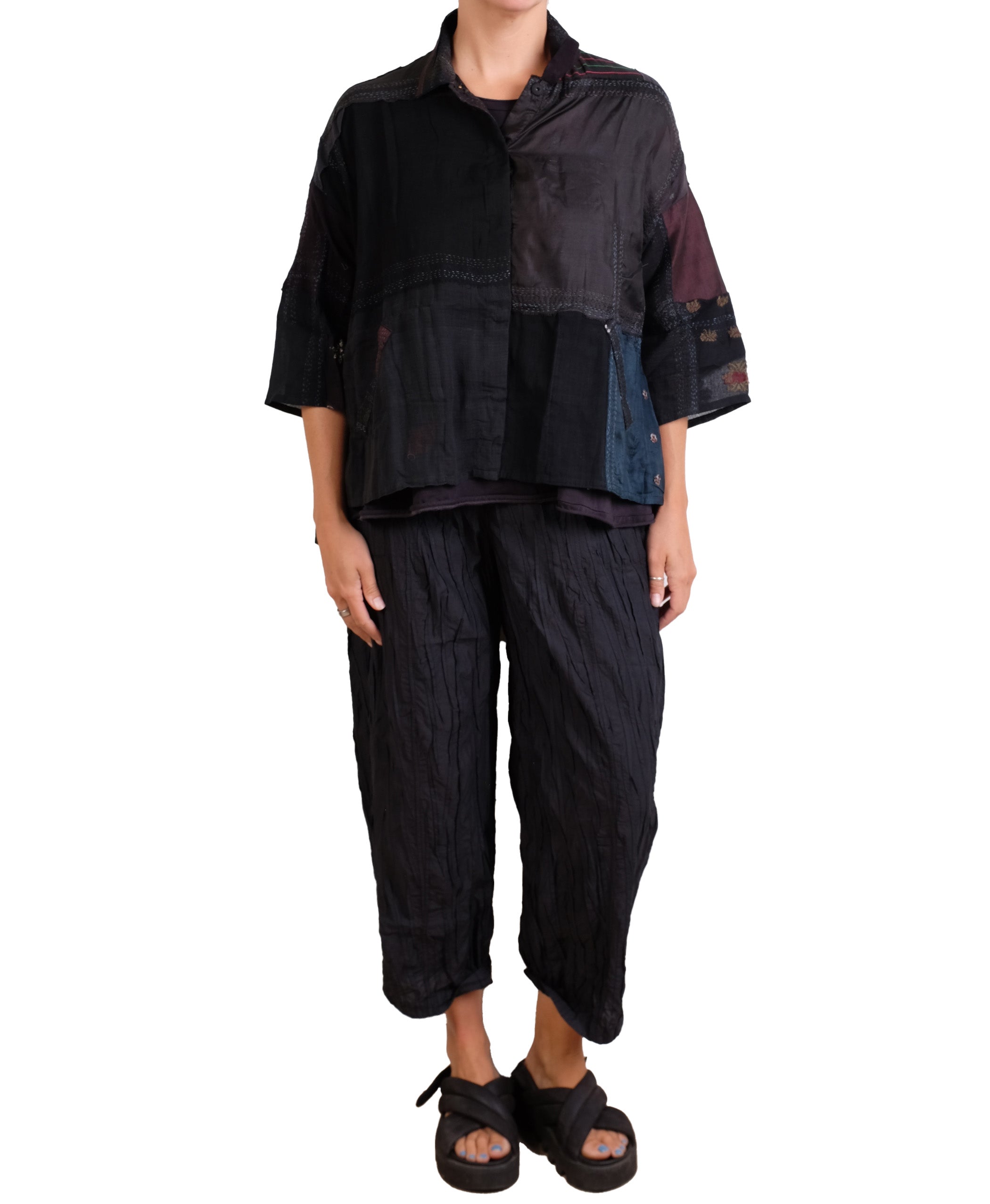 Mieko Mintz Mosaic Tile Patch Kantha Cropped Tent Shirt