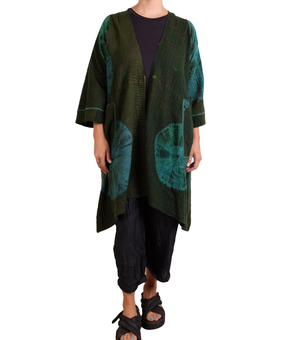 Mieko Mintz Cotton Silk Patch Kantha Wrap Flare Coat