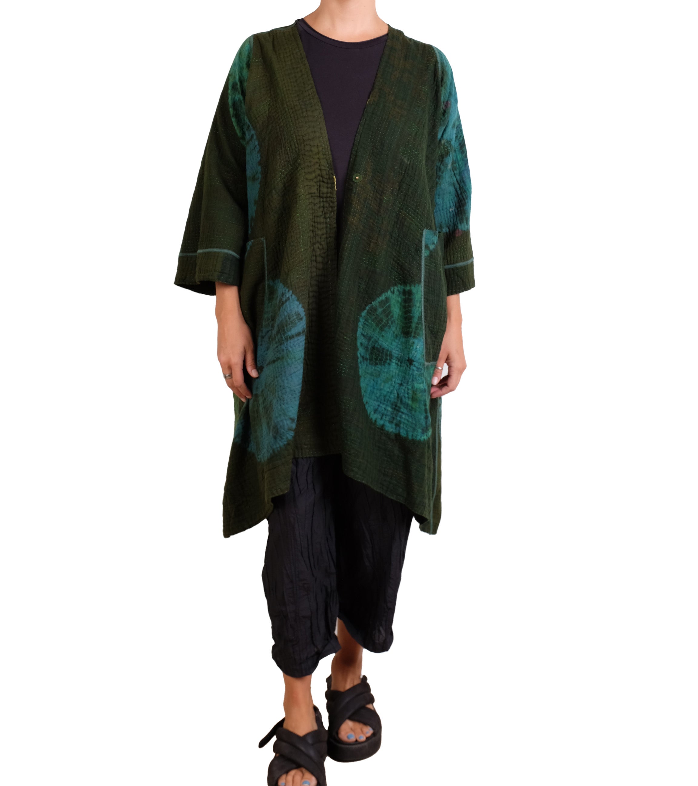 Mieko Mintz Cotton Silk Patch Kantha Wrap Flare Coat
