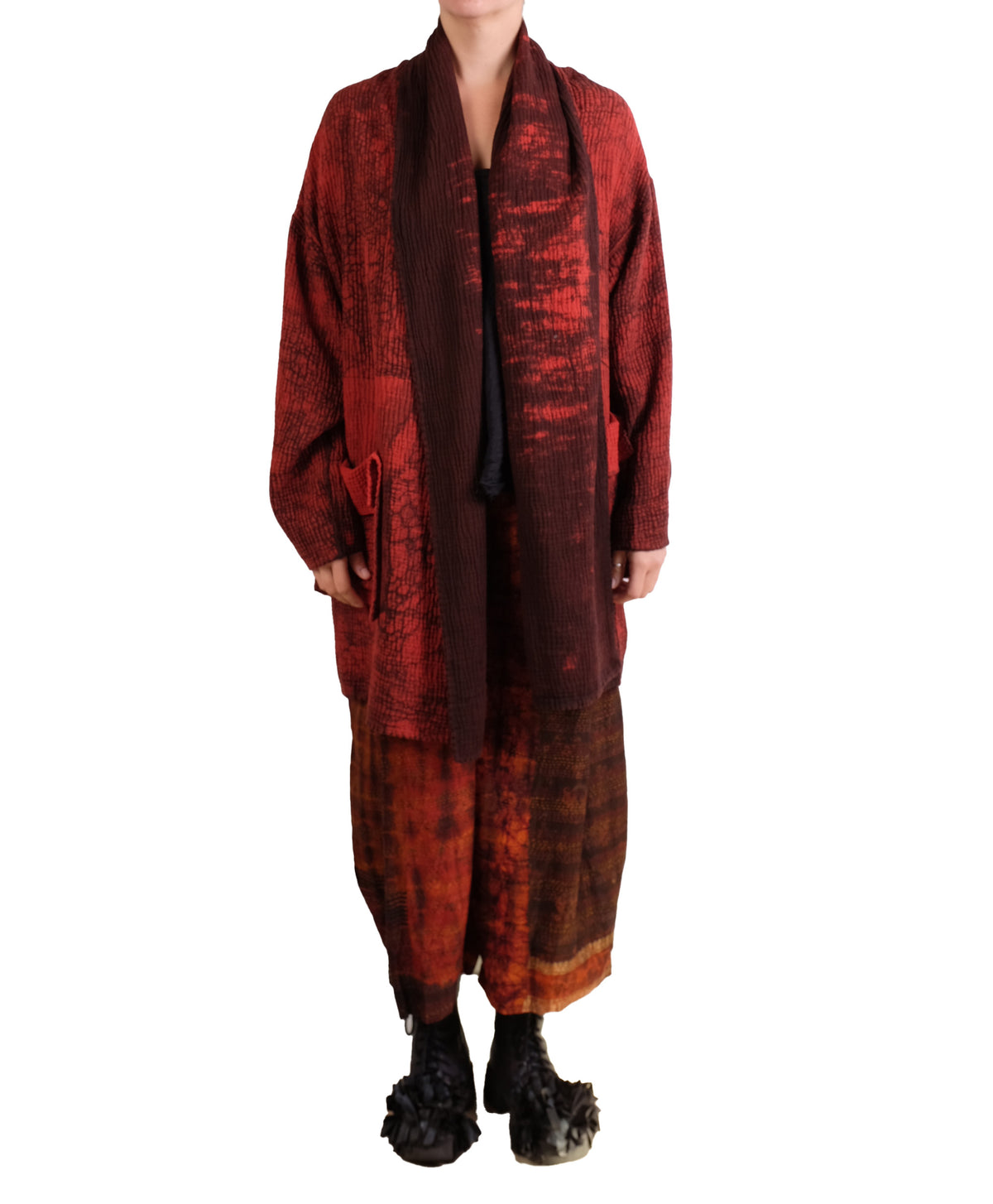Mieko Mintz Mud Dye Ripple Kantha Shawl Coat in Red