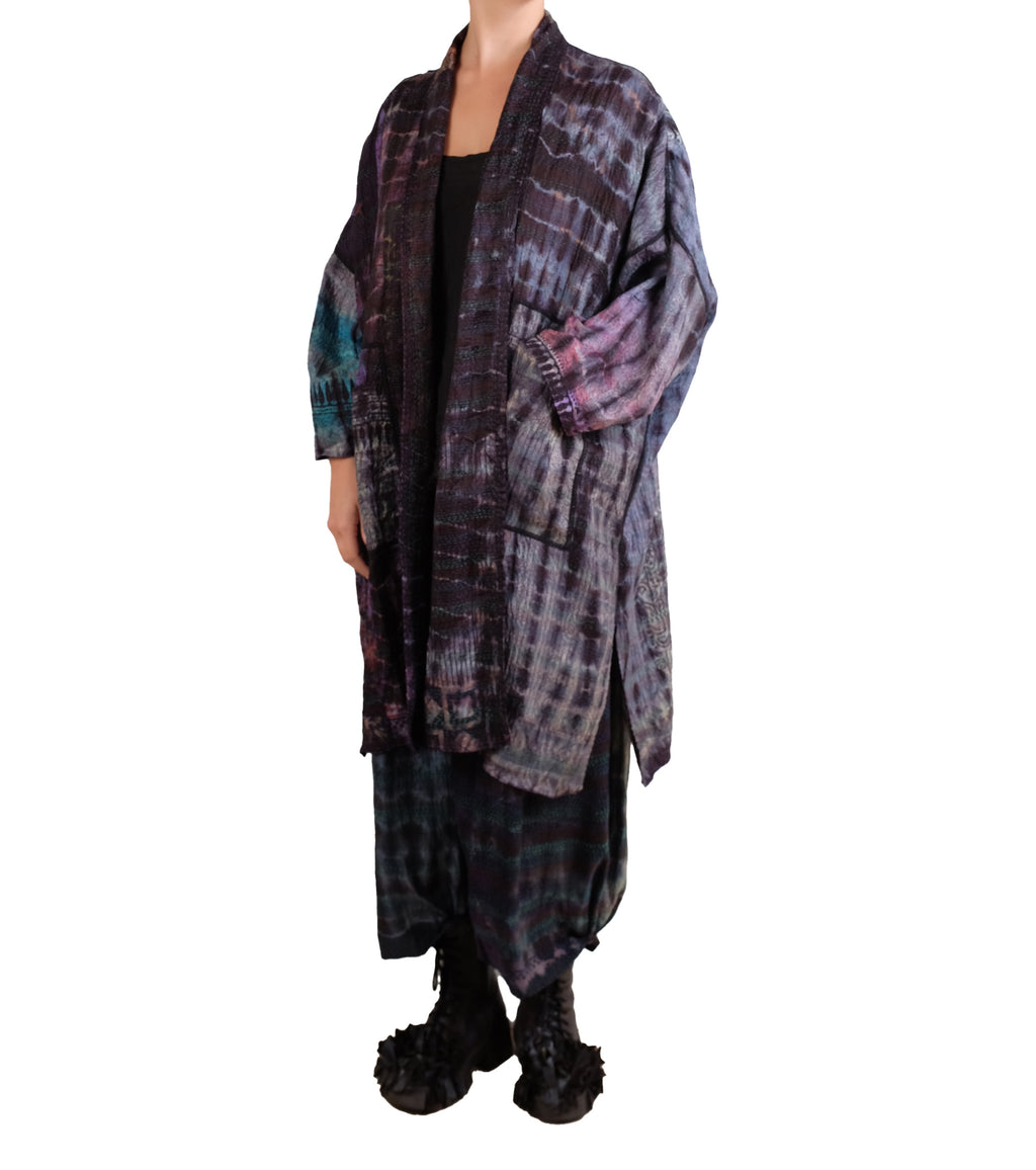 Mieko Mintz Tie Dye Vintage Silk Kantha New Kimono Long Wrap in Black