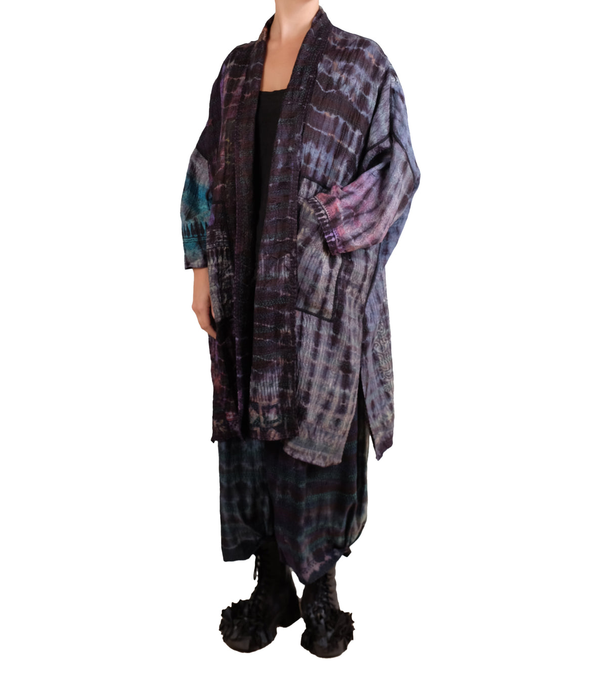 Mieko Mintz Tie Dye Vintage Silk Kantha New Kimono Long Wrap in Black