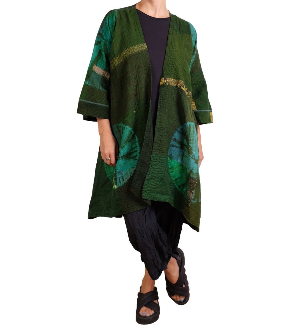 Mieko Mintz Cotton Silk Patch Kantha Wrap Flare Coat