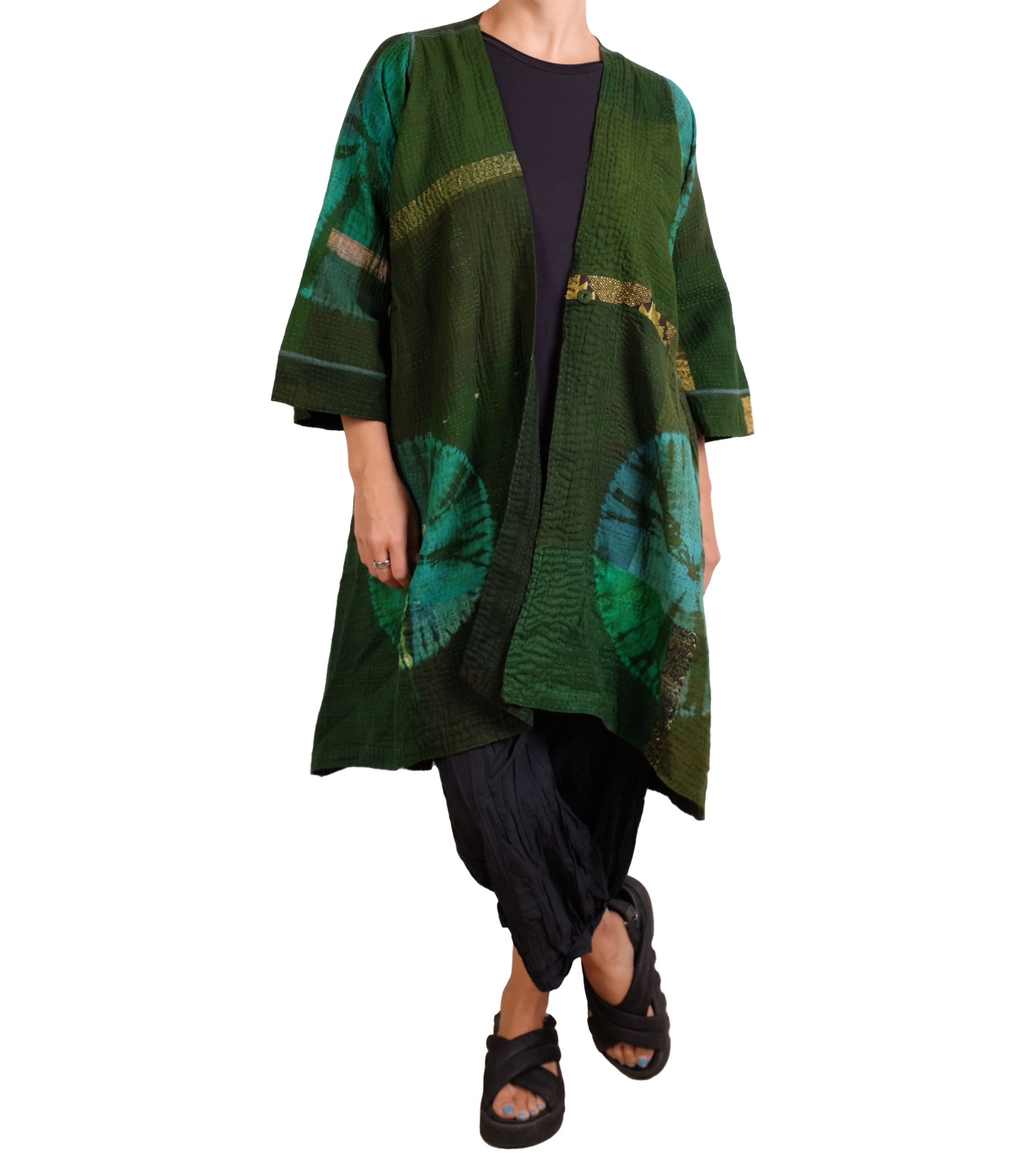 Mieko Mintz Cotton Silk Patch Kantha Wrap Flare Coat