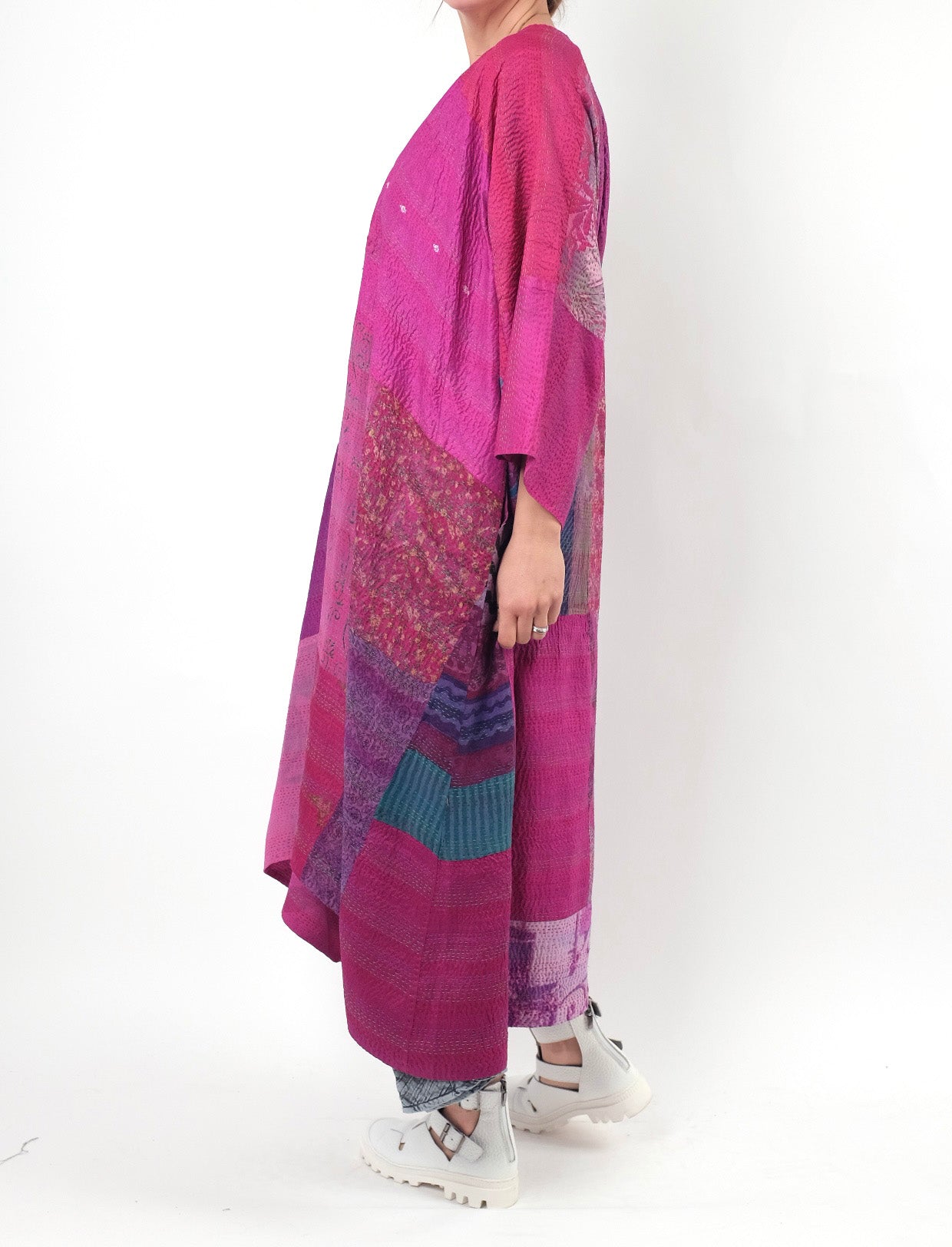 Mieko Mintz Georgette Vintage Silk Patch Kantha Kimono Maxi