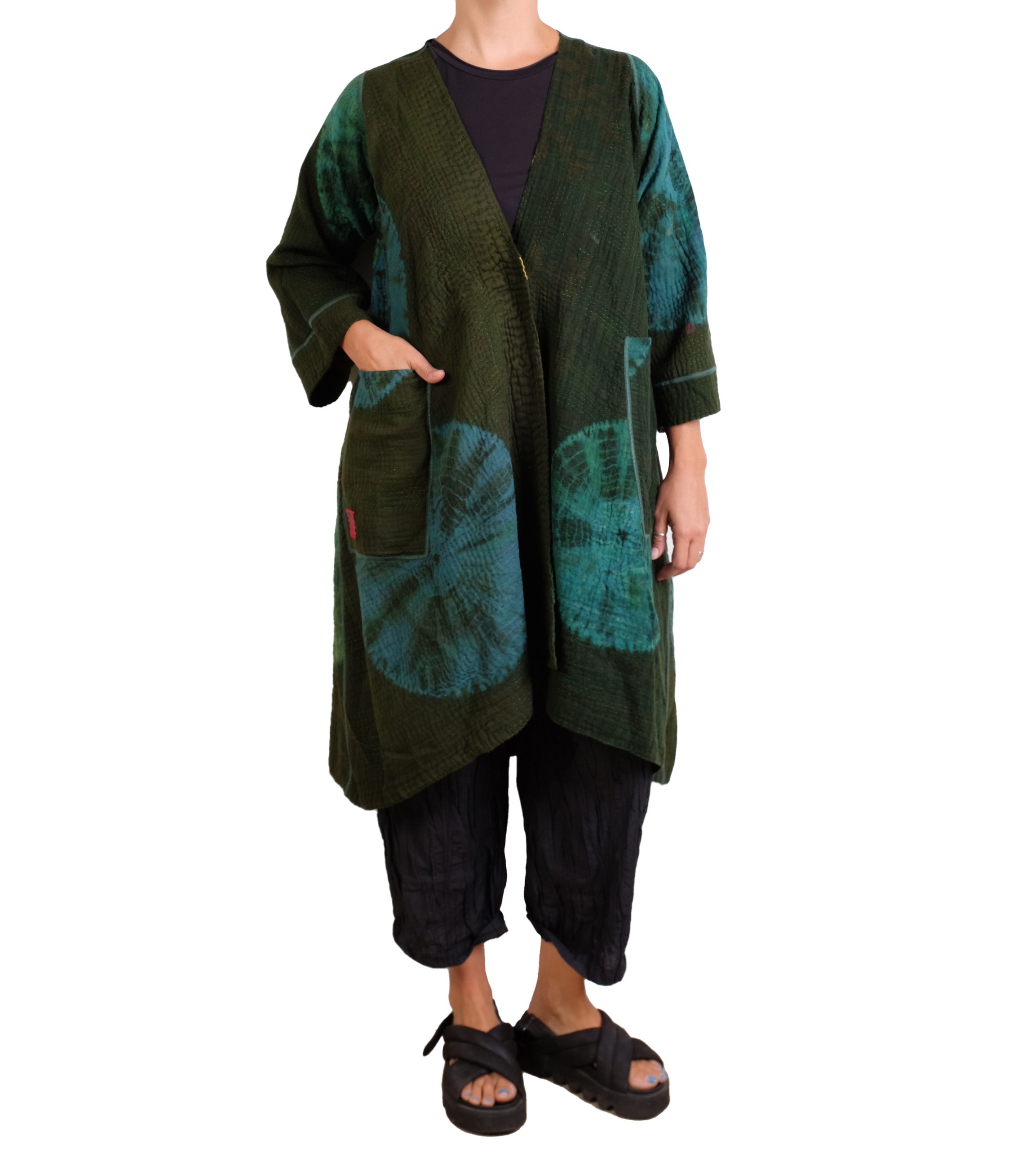 Mieko Mintz Cotton Silk Patch Kantha Wrap Flare Coat