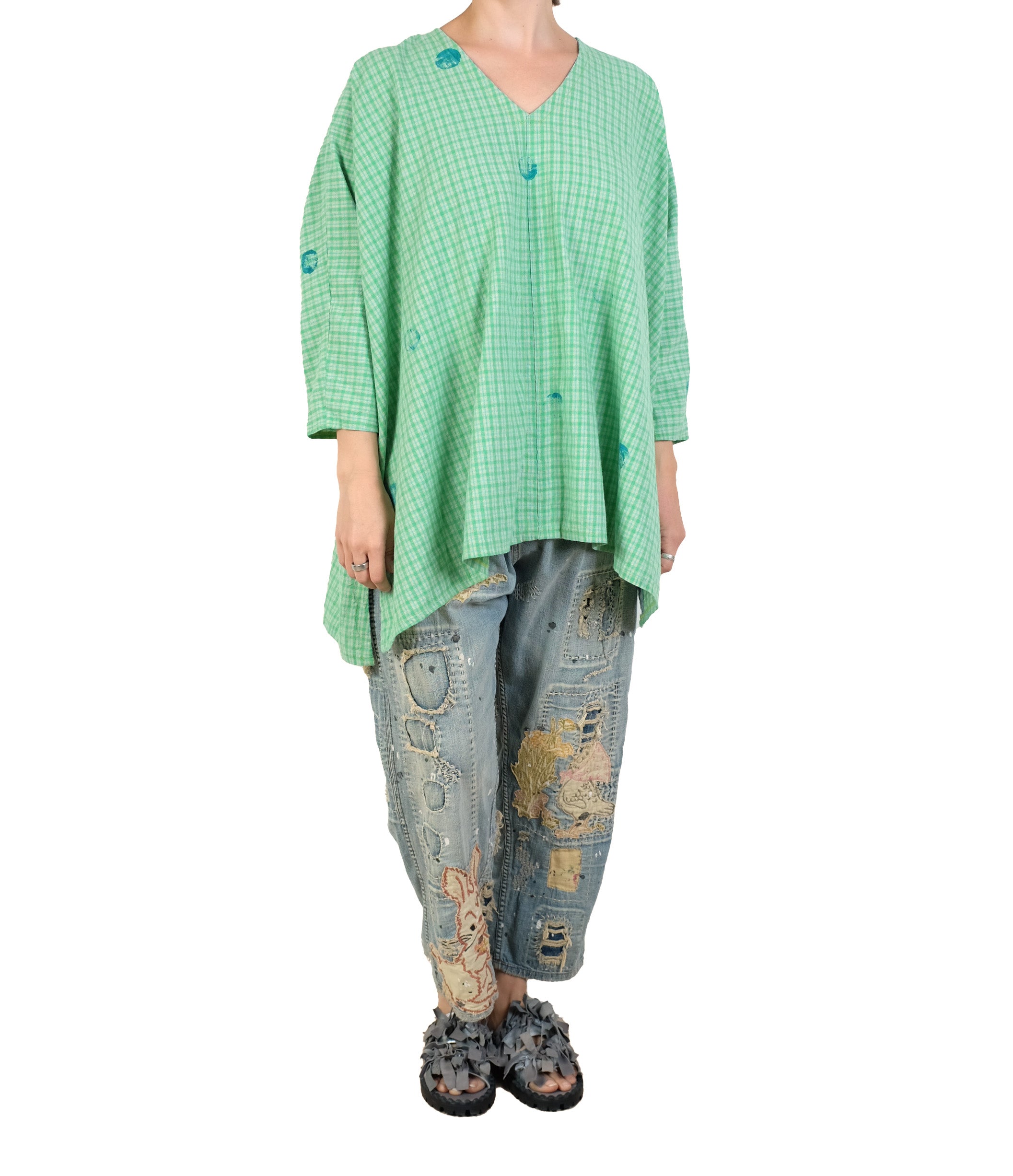 KQ One Size Green Polka Dot Gingham Tunic