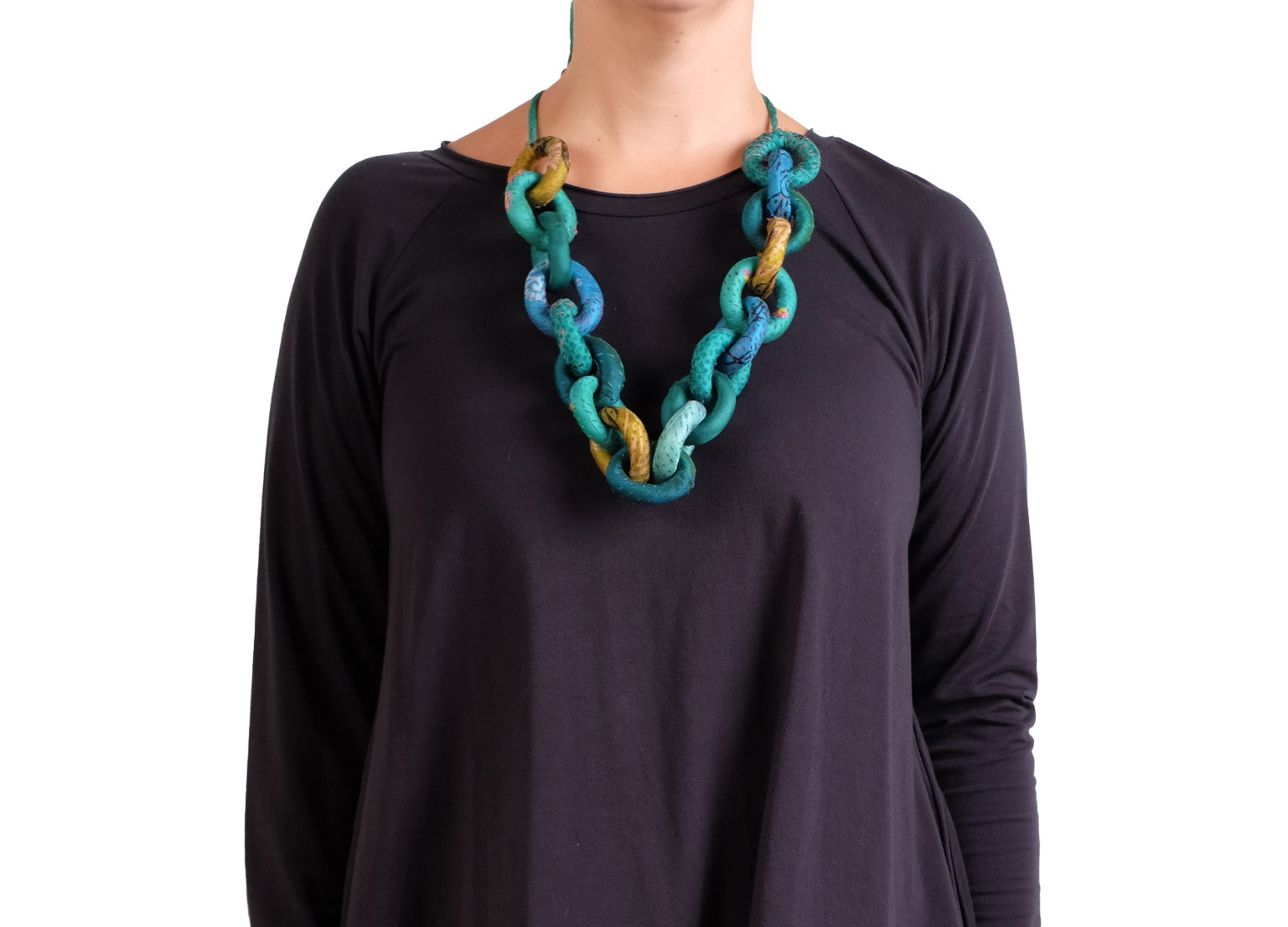 Mieko Mintz Vintage Silk Kantha Chain Necklace in Turquoise