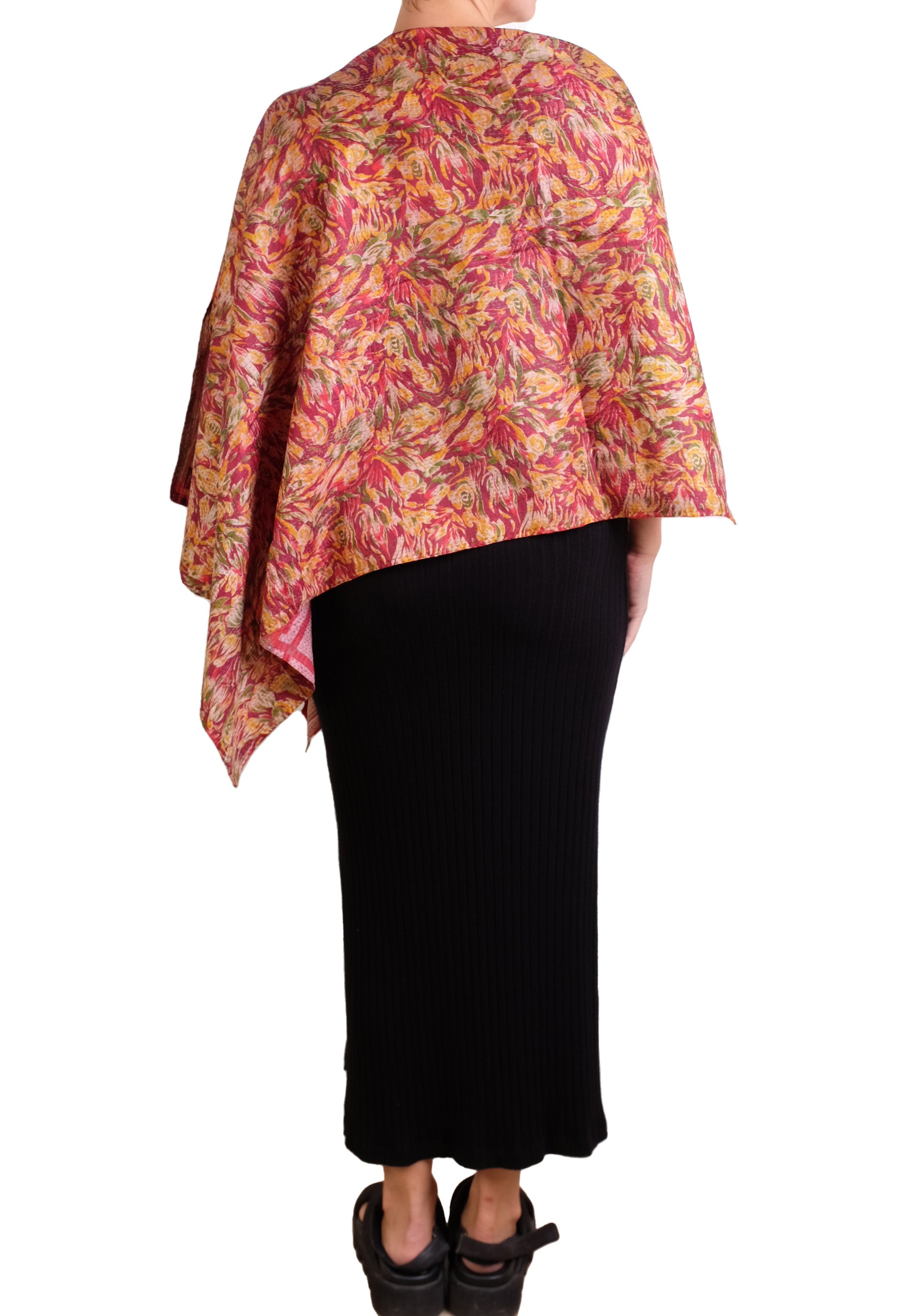 Vintage Silk Kantha Long Cape in Reds