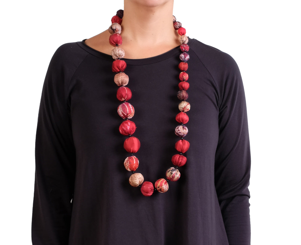 Mieko Mintz Vintage Silk Kantha Nuts Long Necklace in Red
