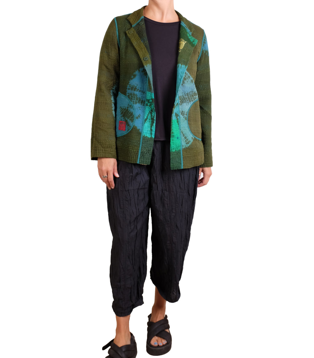 Mieko Mintz Olive Shibori Tie Dye Cotton Silk Patch Kantha Simple Jacket