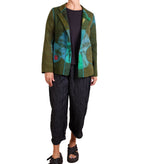 Mieko Mintz Olive Shibori Tie Dye Cotton Silk Patch Kantha Simple Jacket