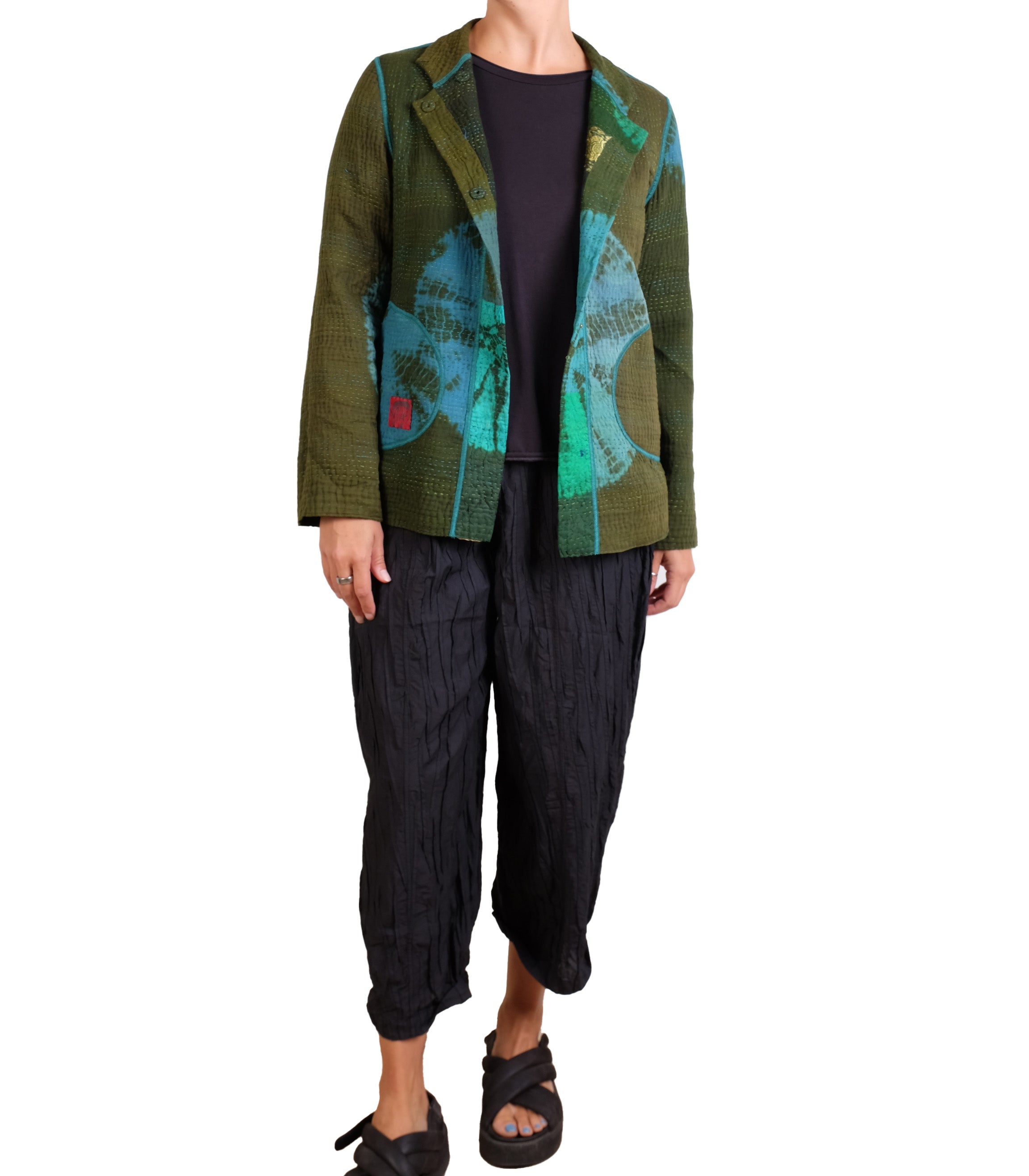 Mieko Mintz Olive Shibori Tie Dye Cotton Silk Patch Kantha Simple Jacket