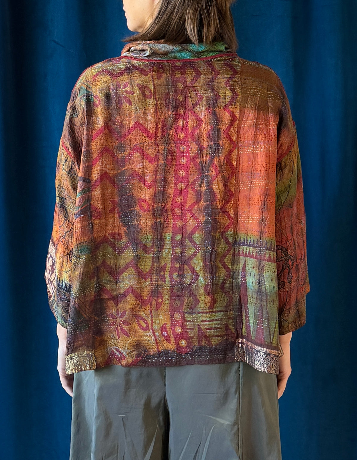 Mieko Mintz Tie Dye Vintage Silk Kantha Cowl Pullover in Brown