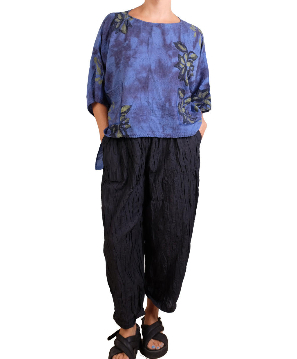 Mieko Mintz Cloud Tie Dye Floral Kantha Cropped Boat Neck Dolman Top