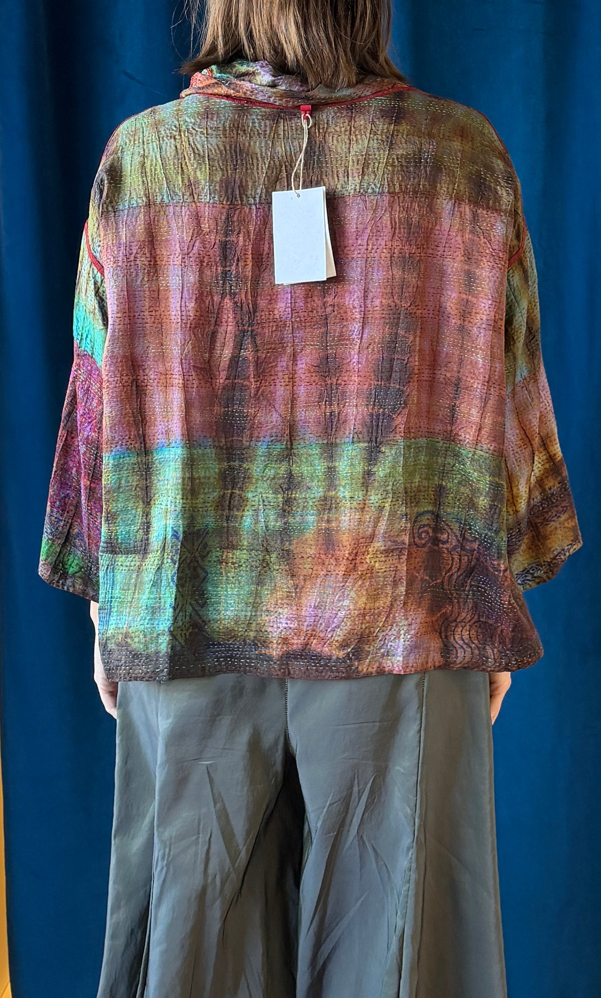 Mieko Mintz Tie Dye Vintage Silk Kantha Cowl Pullover in Brown