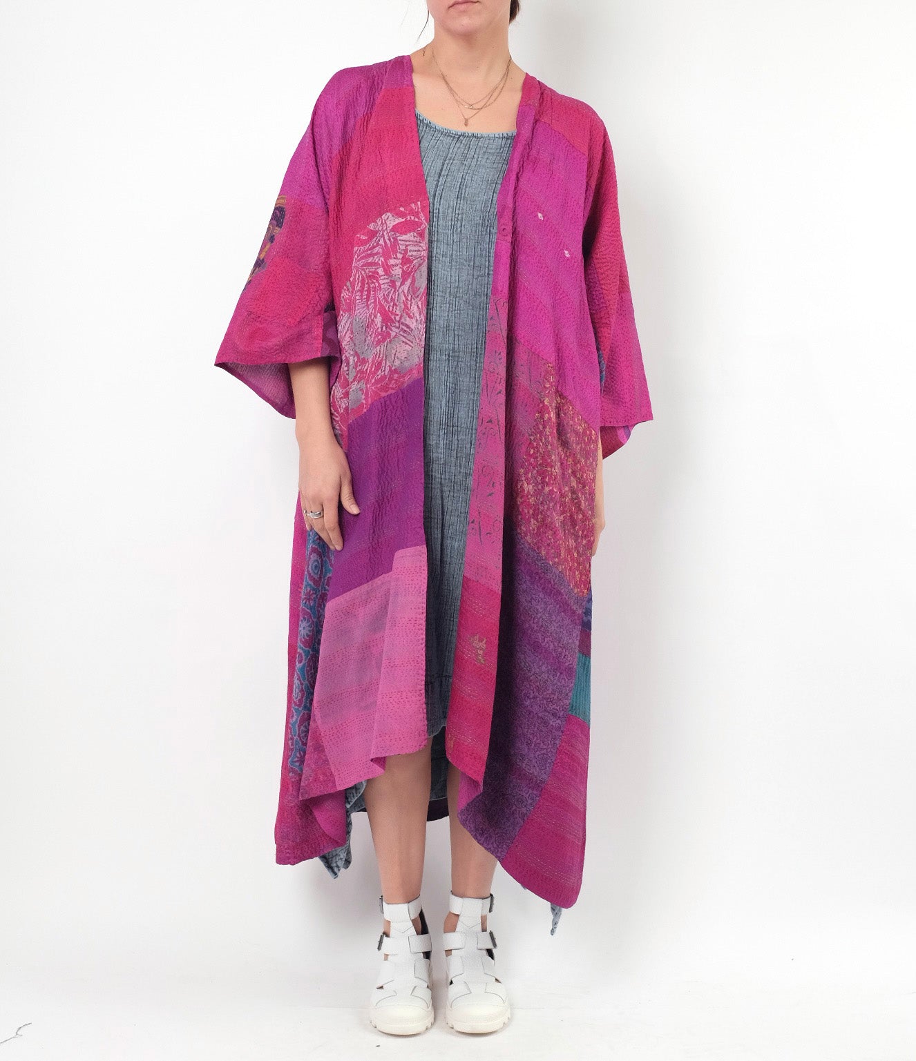 Mieko Mintz Georgette Vintage Silk Patch Kantha Kimono Maxi