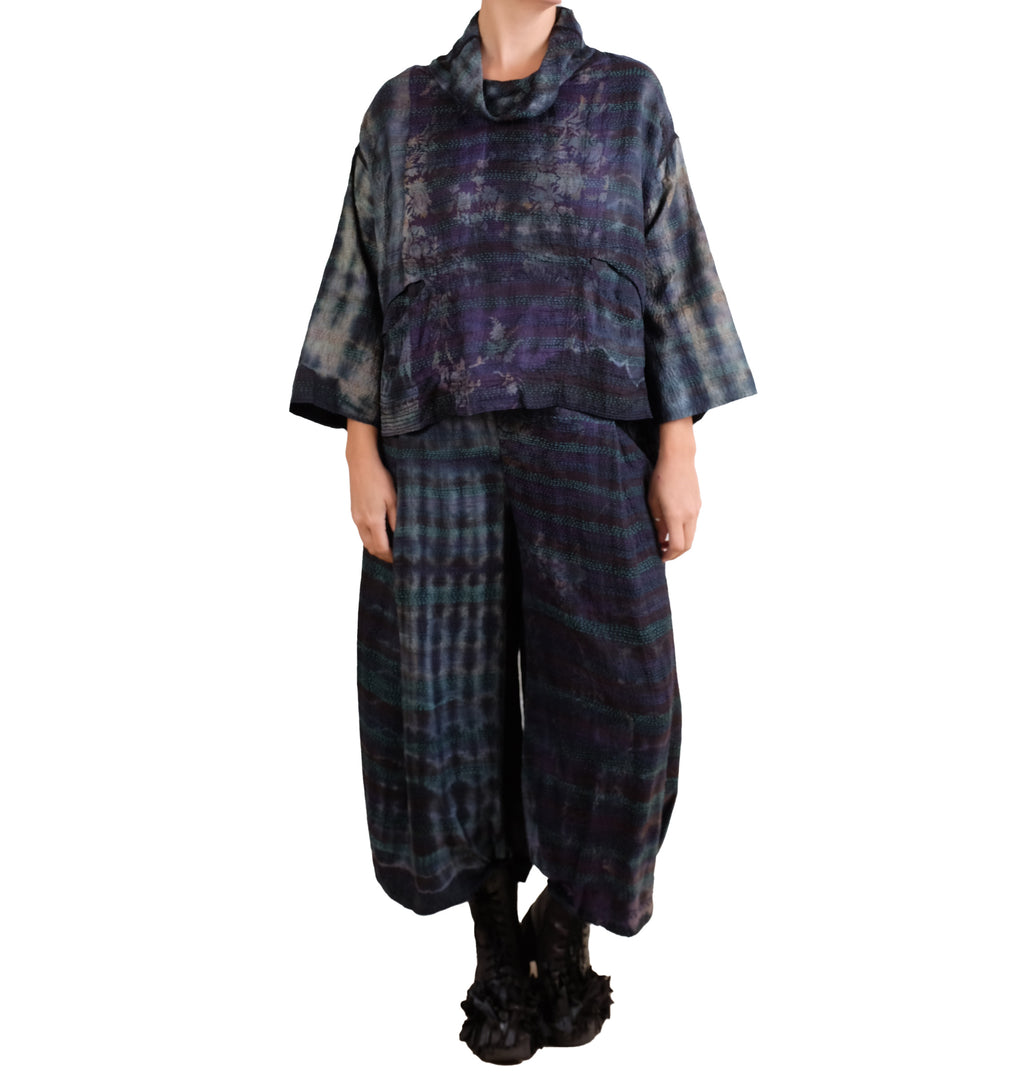 Mieko Mintz Tie Dye Vintage Silk Kantha Cowl Pullover in Black