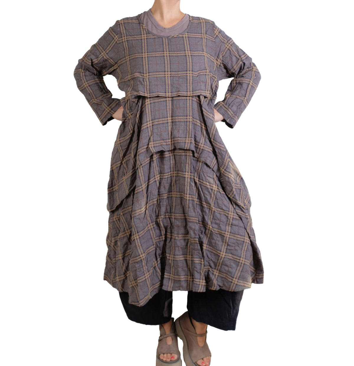 Dress To Kill Denim Mustard Plaid L/S Folded Dress
