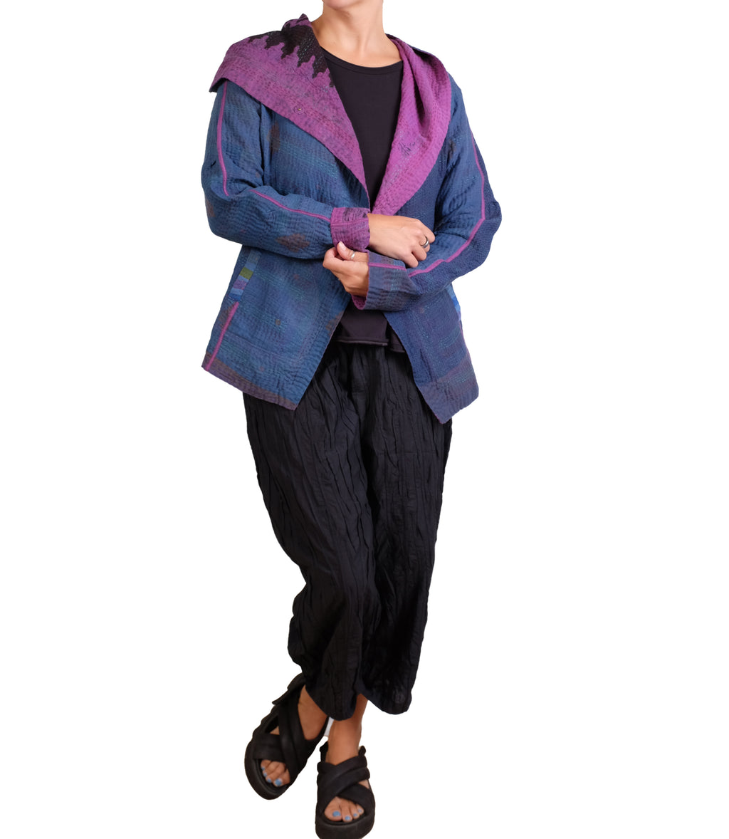 Mieko Mintz Navy & Purple Cotton Overdye Kantha Hoodie Jacket